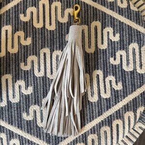 New Handmade Brass clip Gray Suede Tassel Keychain Purse fob 9.5”